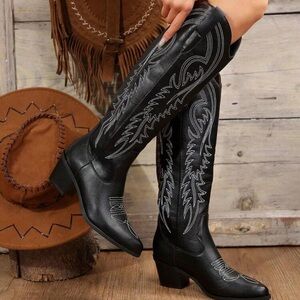 Black Western Embroidered Knee-High Boots